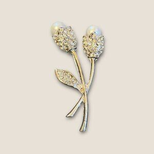 Vintage Pearl & Rhinestone Floral Tulip Brooch Pin
